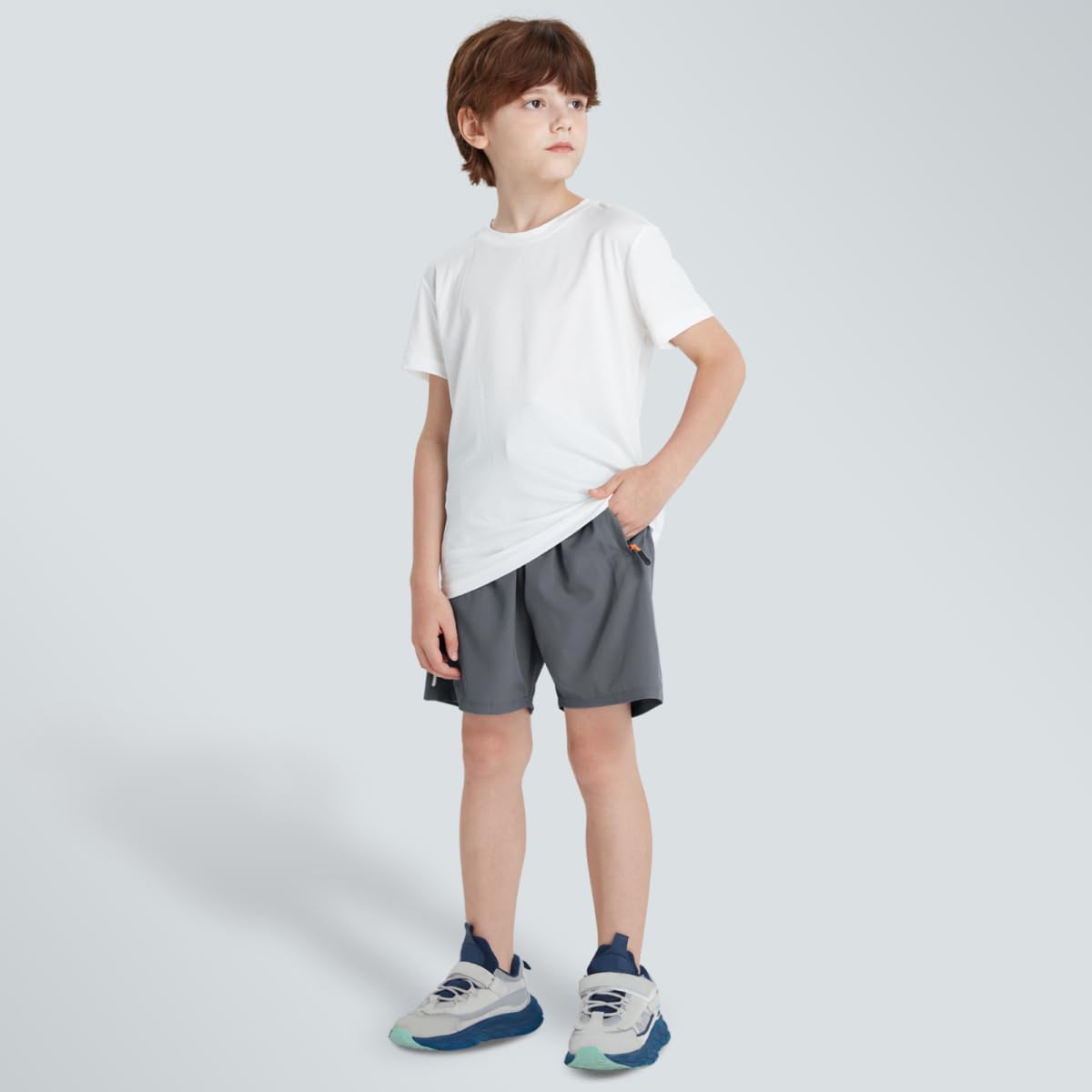 ANHDM Boys Athletic Shorts Quick Dry Sport Shorts Lightweight Running Shorts with Zipper Pockets (Pack of 2), B/Black&Grey, 13-14T