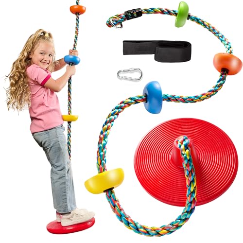 Tree Swing for Kids - Single Disc Seat & Rainbow Climbing Rope Set - Red & Multicolored