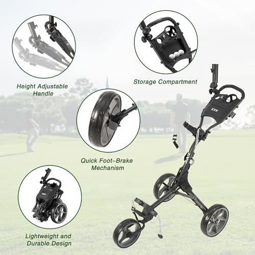 Lightweight 3-Wheel Golf Push Cart with Umbrella Holder - Charcoal