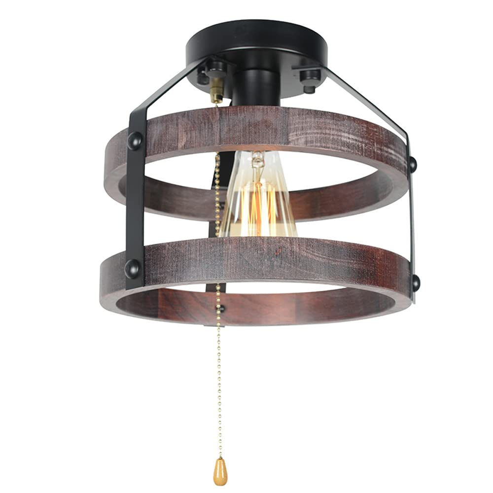 Farmhouse Flush Mount Ceiling Light with Pull Chain, 1-Light Small Wood Rustic Close to Ceiling Light Fixture Pull String Country Home Lighting Edison E26 8060PC