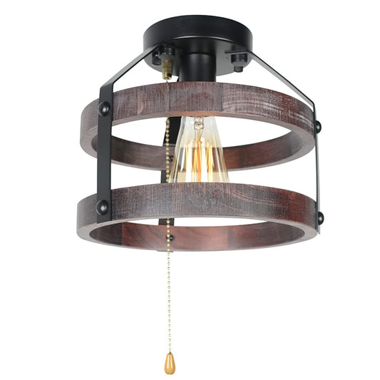 Farmhouse Flush Mount Ceiling Light with Pull Chain, 1-Light Small Wood Rustic Close to Ceiling Light Fixture Pull String Country Home Lighting Edison E26 8060PC