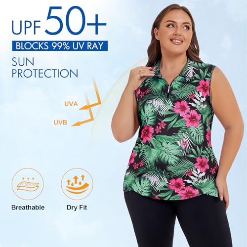 Koscacy Women's Plus Size Tropical Print Sleeveless Golf Polo Zip Up Workout Tank Top 3X-Large