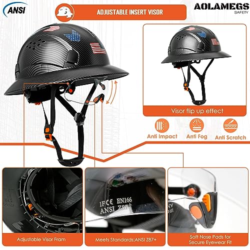 Carbon Fiber Pattern Full Brim Hard Hat with Visor-OSHA Approved Construction Safety Helmet for Men Women,ANSI Z89.1 Vented Reflective Hardhat with Hard Hat Chin Strap,6-Point Suspension