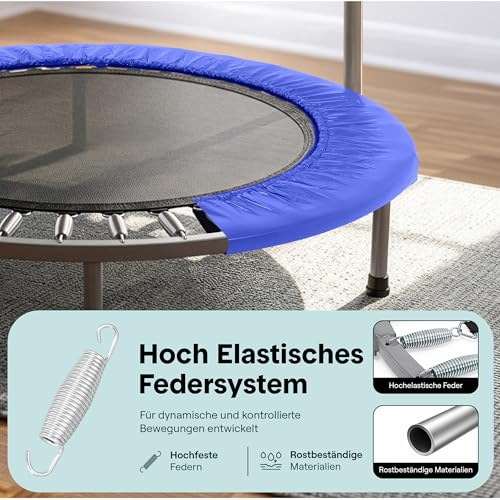 Foldable Mini Trampoline for Adults - Deep Blue Fitness Rebounder with Adjustable Handle, Max Load 330lbs