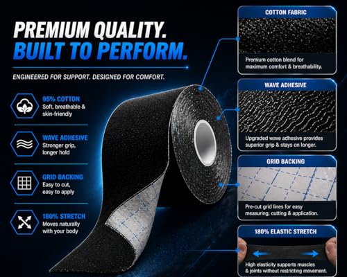 Kinesiology Tape Roll - Waterproof Sports Tape, 2 Rolls 16ft - Black