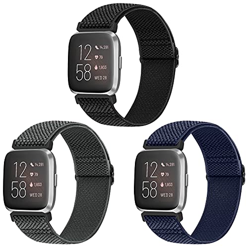 Elastic Bands for Fitbit Versa 2 - Adjustable Nylon Braided - Black, Gray & Indigo