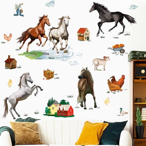Runtoo Farm Animals Wall Sticker Wild Horse Wall Decals Kids Room Farmhouse Baby Nursery Playroom Wall Decor