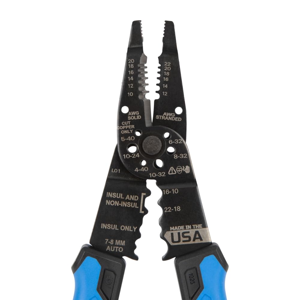 Klein Tools 1025 Long Nose Multi-Purpose Wire Stripper Tool, Made in USA Professional Electrician Tools, Crimping Tool, Cable Stripper for 10-20 AWG Solid, 12-22 AWG Stranded Wire