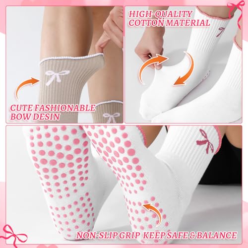 Grippy Pilates Socks for Women - 4 Pairs in Black, Pink, White, Khaki