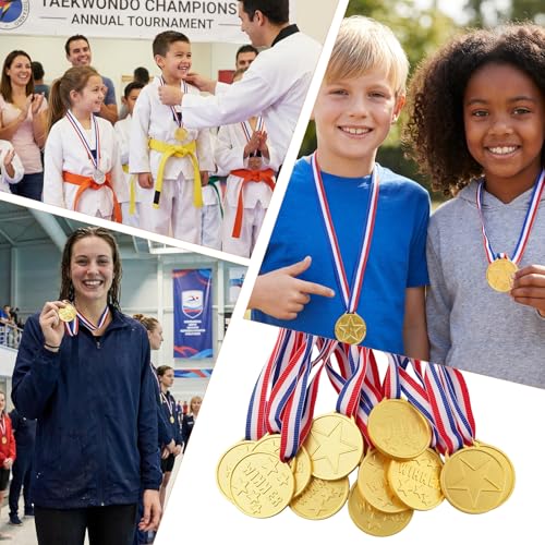 12-Pack Gold Award Medals for Kids with Ribbons - Party Favors