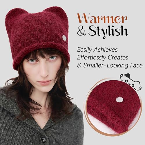 Women's Wool Cat Ear Beanie - Y2K Style Knit Hat - Red
