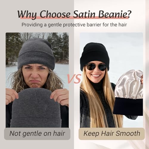 Satin Lined Beanie for Women - Warm Winter Hat, Black
