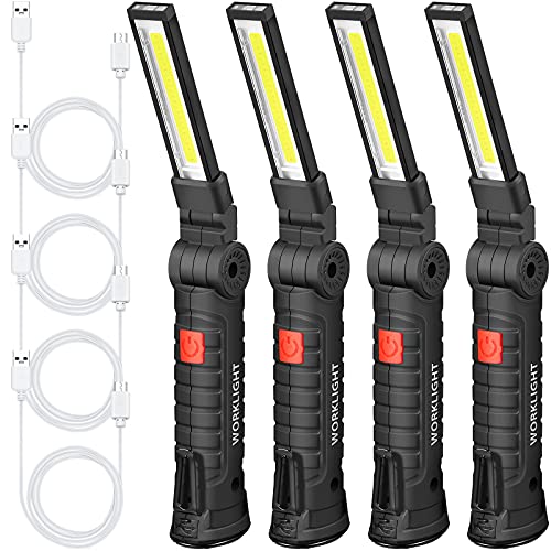 Honoson 4 Pieces LED Work Light Cob Rechargeable Work Flashlight with Magnetic Base, Hanging Hook and 360¡Æ Rotate 5 Modes Portable LED Flashlight for Car Repair, Household and Outdoor(Large)