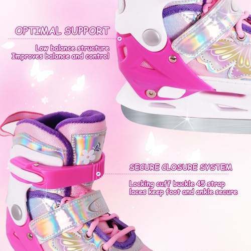 Kids Adjustable Butterfly Ice Skates for Girls - Size 4, Fleece Lining, Outdoor & Rink