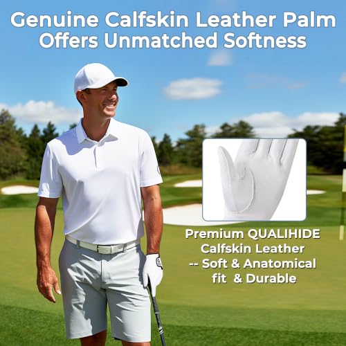 AIGEVTURE Men's Left White Calfskin Leather Golf Gloves - Breathable & Premium Fit