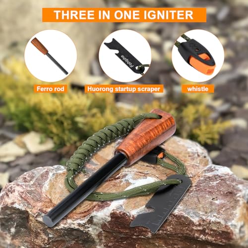 Survival Fire Starter Tool - Ferro Rod with Wooden Handle & Striker - Green
