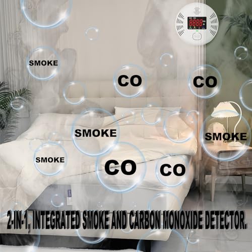 Carbon Monoxide and Smoke Detector Equipped with LCD Display, Battery Powered, Dual Sensor Alarm, 85dB Voice Alarm and Real-time CO Tracking, Suitable for Home/Kitchen/Bedroom/RV 4Pack