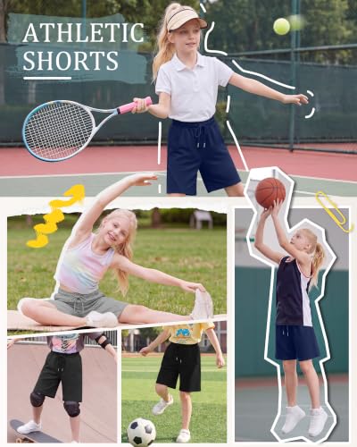 Girl's Athletic Drawstring Shorts - 4 Pack, 11-12 Years, Navy Blue & More