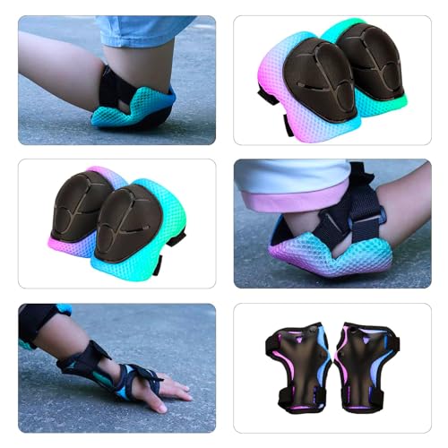 TCCVANAS Color Gradient Kids Bike Helmet with Knee & Elbow Pads Set, Pink/Purple/Blue, Medium (Ages 8-14)