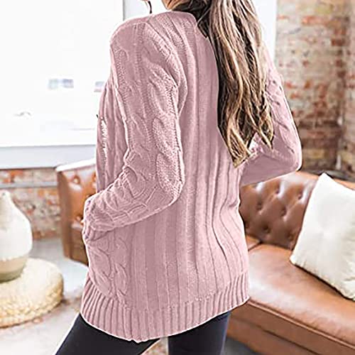 Chunky Cable Knit Cardigan Sweater with Pockets - Large Pink