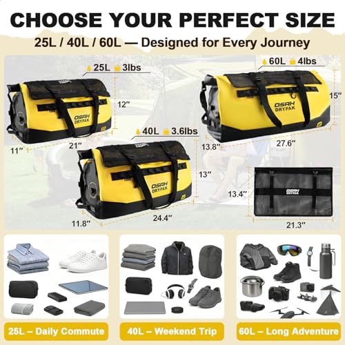 OSAH DRYPAK 25L Yellow Waterproof Duffel Bag – Heavy-Duty Roll-Top Dry Bag