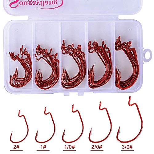Weedless Offset Shank Worm Hooks - High Carbon Steel, 50PCS Red