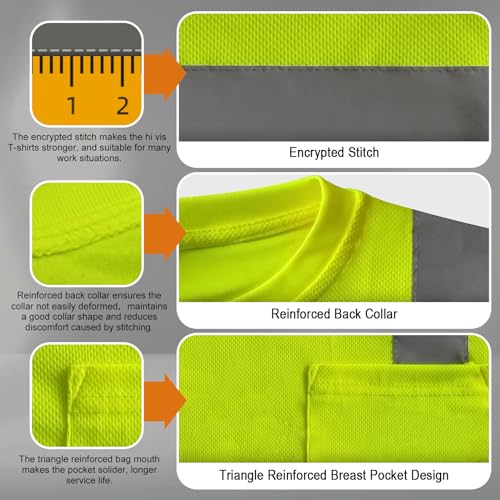 Work Shirts for Men Construction Class 3 High Visibility Shirts for Men, Hi Vis Reflective Safety T-Shirts for Men Women, Short Sleeve Work Shirts with Black Bottom, Yellow XL, 3PCS
