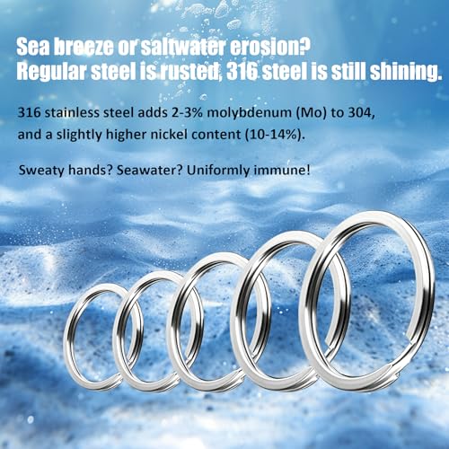 316 Stainless Steel Split Key Ring Set - 5 Sizes, 50 Pieces, Marine Grade Durable Hardware