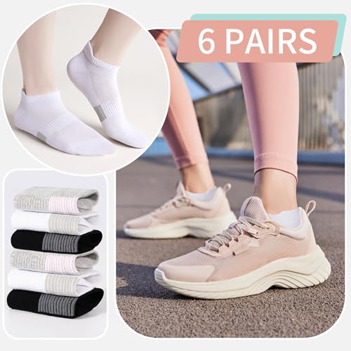 Athletic Ankle Socks for Women - 6 Pairs Black+White+Grey 6-11