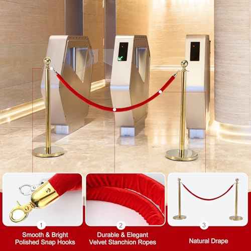 4pcs Velvet Stanchion Rope, 5 Feet Red Velvet Rope Crowd Control Barrier with Gold Plated Clasp for Carpet, Queue Safety Barriers for Party Decorations, Hotels, Theaters, Grand Openings