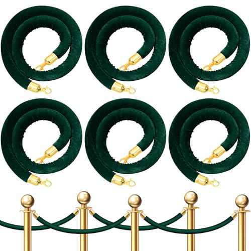 Fumete 6 Pieces Velvet Stanchion Rope Bulk 4 Feet Party Crowd Control Barrier Safety Velvet Rope with Gold Hook for Movie Theater Opening, Hotel, Carpet, Not Include Stanchion Post (Dark Green)