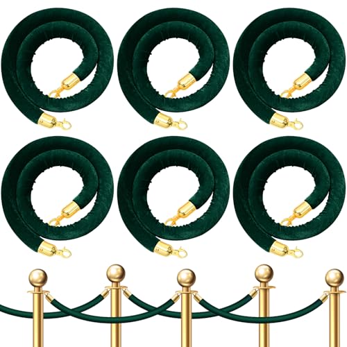 Fumete 6 Pieces Velvet Stanchion Rope Bulk 4 Feet Party Crowd Control Barrier Safety Velvet Rope with Gold Hook for Movie Theater Opening, Hotel, Carpet, Not Include Stanchion Post (Dark Green)