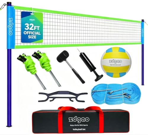 32FT Outdoor Volleyball Net Set - Adjustable Poles, Easy Setup, Plus-32FT (Blue & Green)