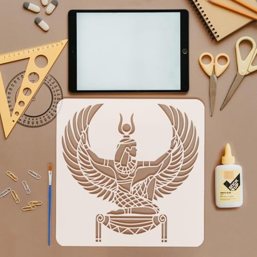 FINGERINSPIRE 6 Pcs Egypt Theme Painting Template with Brush 11.8x11.8inch Egyptian Writing Painting Template Pharaoh Skull Stencil Sun Stencils Reusable DIY Art Craft Stencil for Wood Floor Wall