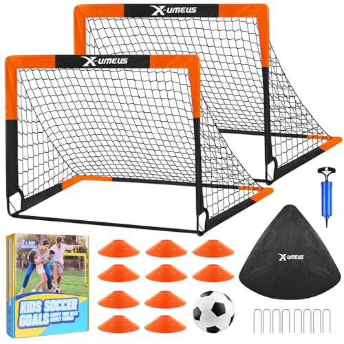 Kids Soccer Goals Set of 2 - 4' x 3' Pop Up Training Equipment - Orange & Black