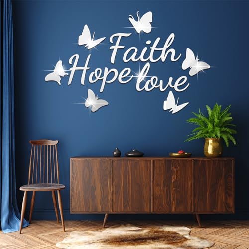 Faith Hope Love 3D Acrylic Mirror Wall Decor Stickers, Butterfly Faith Hope Love Wall Decal, Peel and Stick Motivation Letter Wall Sayings Vinyl Lettering Art Quotes for Home Bedroom, Silver