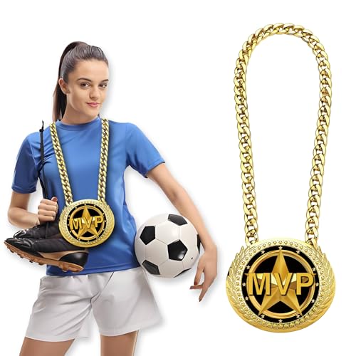 Gold MVP Medal Trophy Necklace - 6" Turnover Chain for Sports