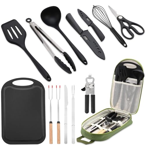 Wesqunie 14-Piece Camping Cookware Set - Portable Outdoor Kitchen Mess Kit, Stainless Steel & Silicone, Green