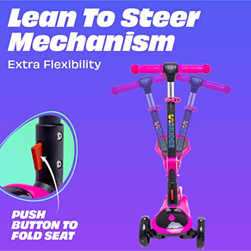 SKIDEE Pink Kick Scooter for Kids 3-5 - Foldable 3-Wheel Lean-to-Steer, Adjustable 25"–33", Removable Seat, LED Light Wheels