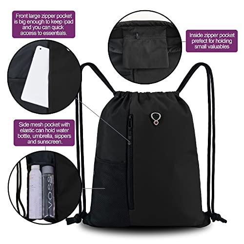 Large Black Drawstring Gym Bag with Water Bottle Mesh Pockets