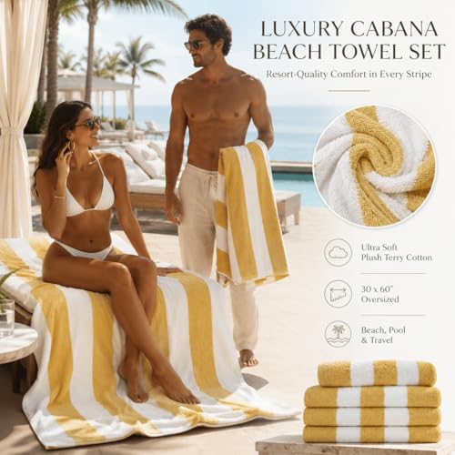 9Threads Premium Yellow & White Beach Towel Pack - Soft, Fast-Drying Cotton, 30x60 Inches