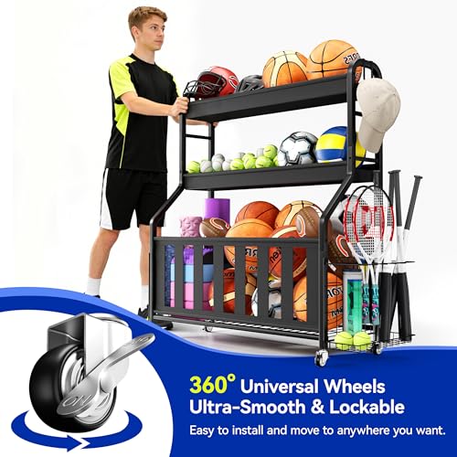 Heavy-Duty Rolling Sports Equipment Organizer with Locking Wheels