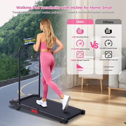 Portable Treadmill with Handle Bar - Compact Under Desk Walking Pad, 0.6-7.6MPH, Supports 350LBS