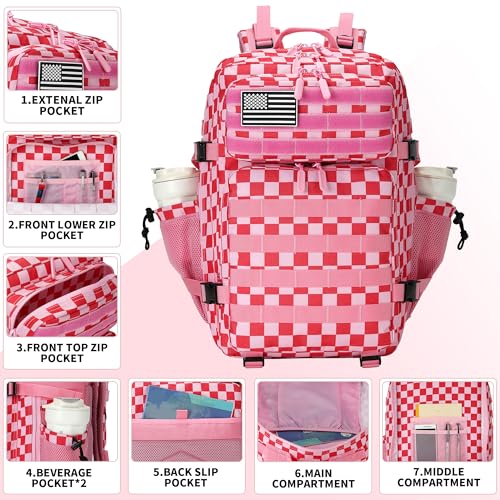 Lovelinks21 45L Pink White Check Tactical Assault Backpack Waterproof Molle Rucksack
