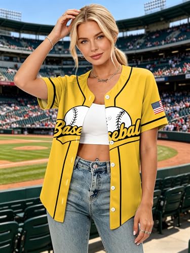 Women's Baseball Jersey Game Day Graphic T-Shirt - Yellow1, Small