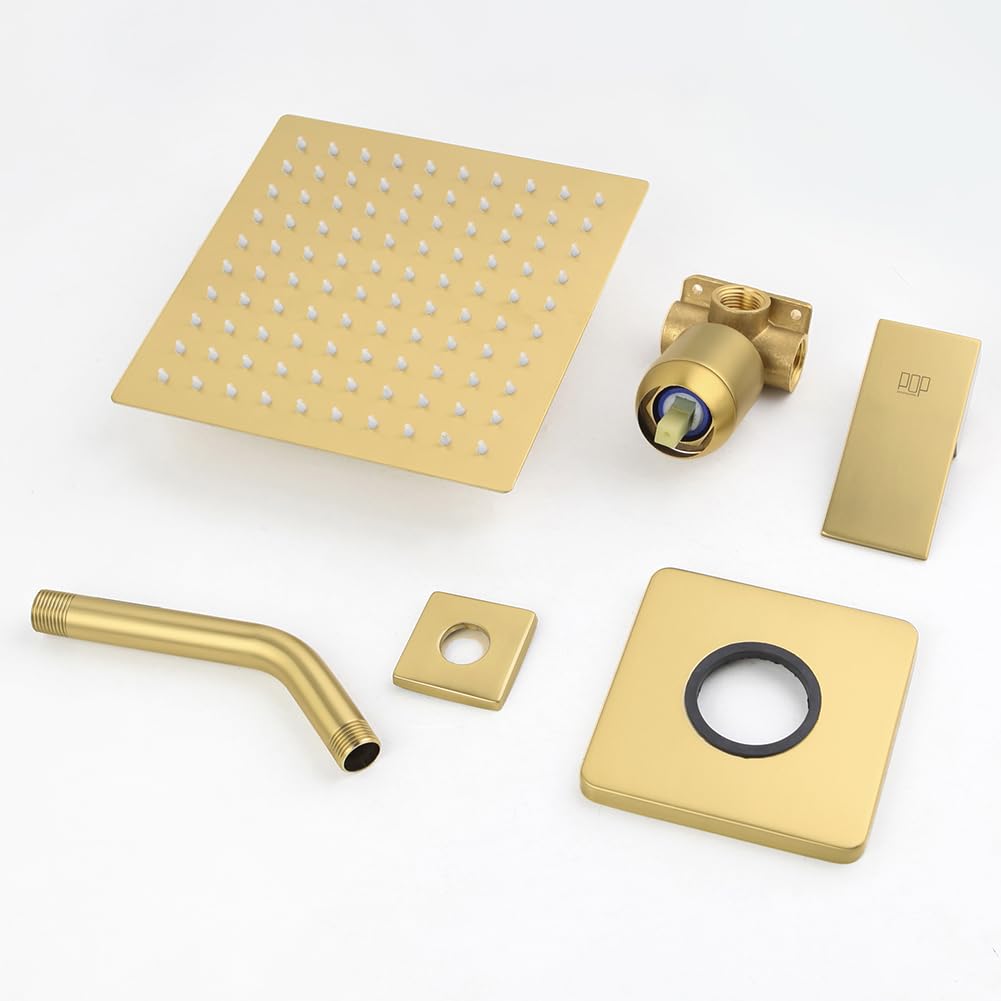 POP SANITARYWARE Shower Faucet Set Brushed Gold Bathroom Rainfall 8 Inch Shower Head System, Single Handle Shower Trim Kit with Rough-in Valve