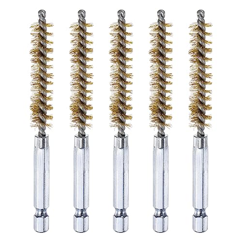 HARFINGTON 5Pcs Brass Bore Brush 10mm Dia 4" Long Cleaning Twisted Wire Brush with Handle 1/4" Hex Shank for Tubes, Ports, Bearings