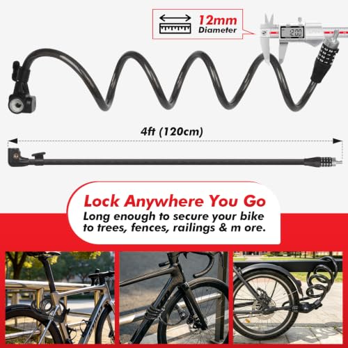 SEWAY 4ft Resettable Cable Lock for Bikes & Scooters with Mount - 12mm Braided Steel