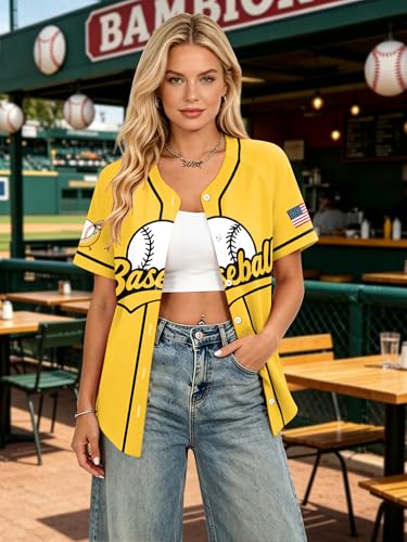 Women's Baseball Jersey Game Day Graphic T-Shirt - Yellow1, Small