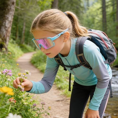 Kids Sunglasses with UV400 Protection - Blue Dark Red Frame Revo Pink Lens